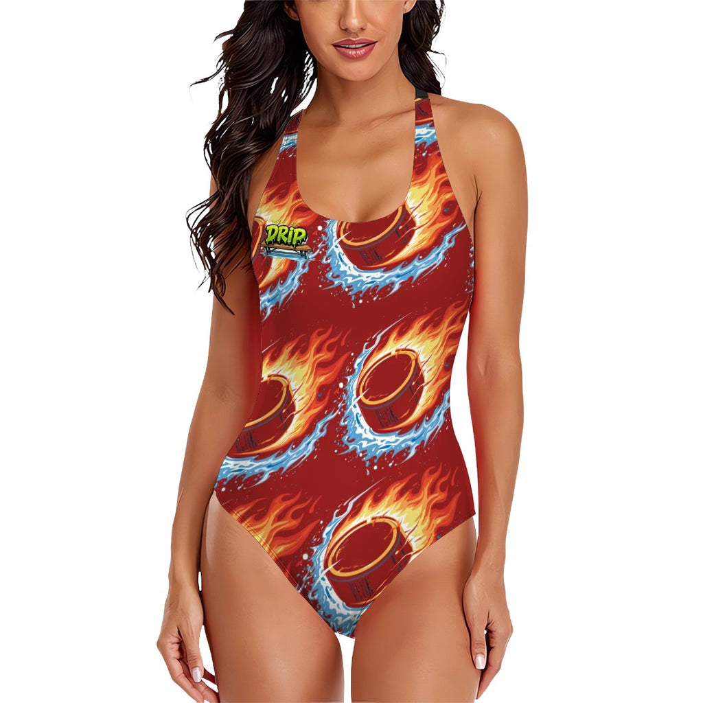 Cross-Back One Piece Swimsuit Women - Flamin Hockey Pucks Classic Red