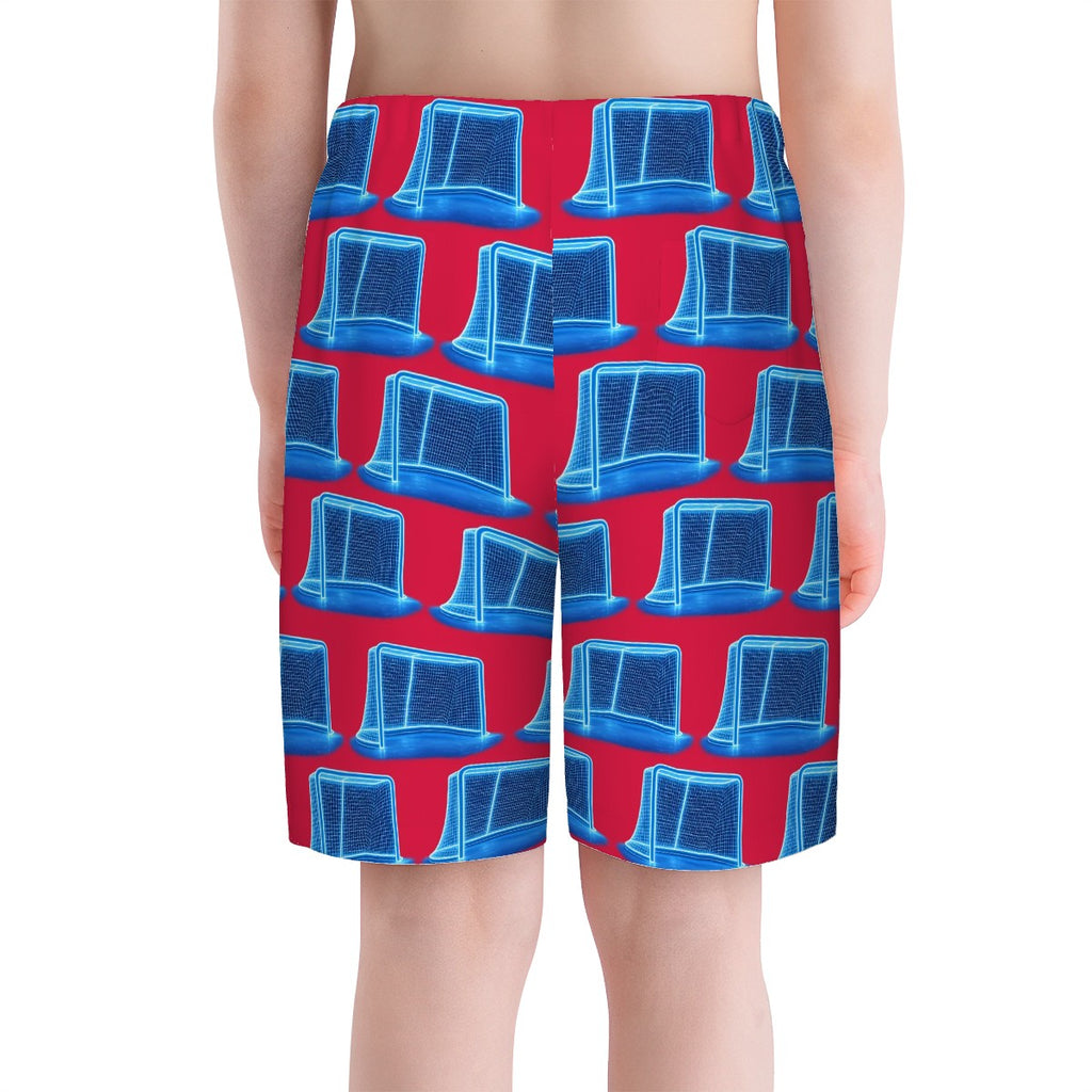 Youth Swim Shorts - Neon Blue Hockey Net Red