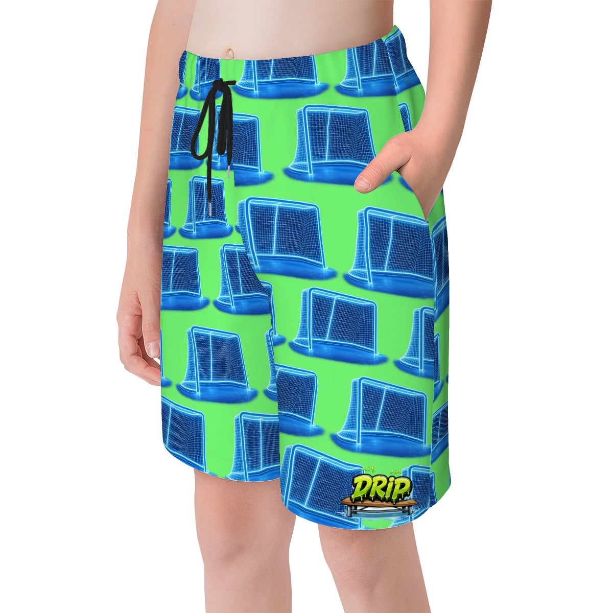 Youth Swim Shorts - Neon Blue Hockey Nets Hot Green