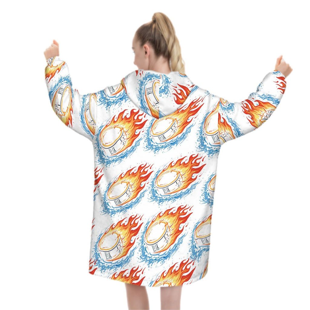 Adult Blanket Sweatshirt - Flamin Hockey Pucks White