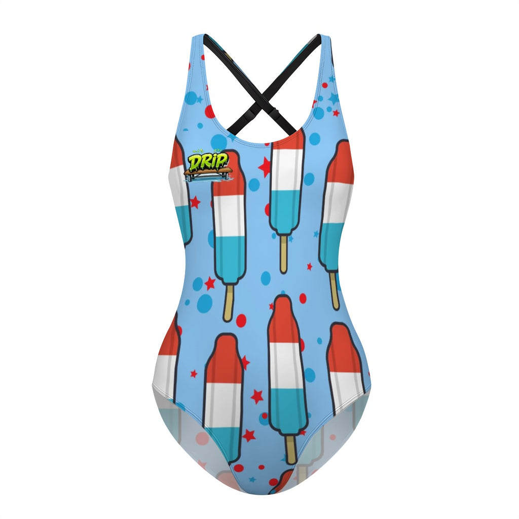 Cross-Back One Piece Swimsuit Women - Red White and Blue Pop Blue