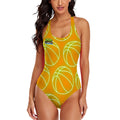 Cross-Back One Piece Swimsuit Women/Teen - Neon Green Basketballs Orange