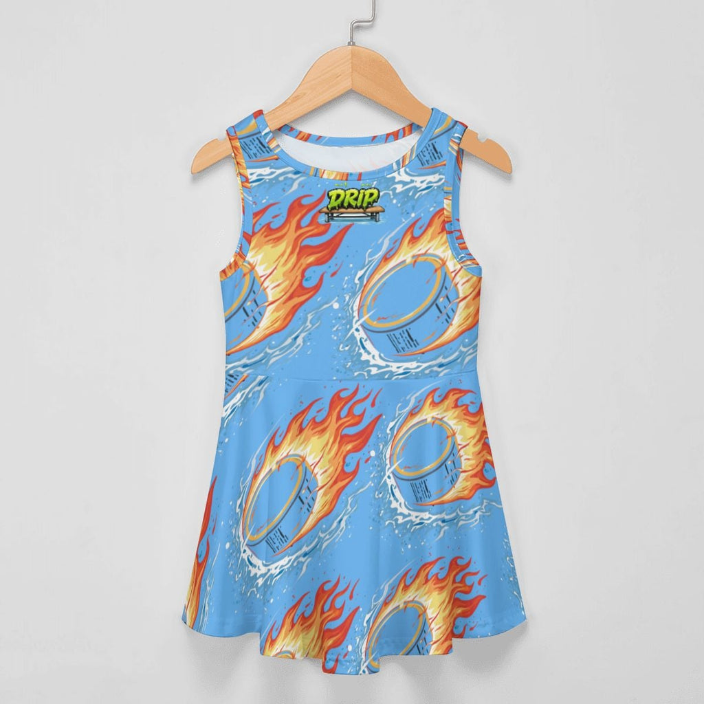 Girl's Game Day Dress - Flamin Hockey Pucks Sky Blue