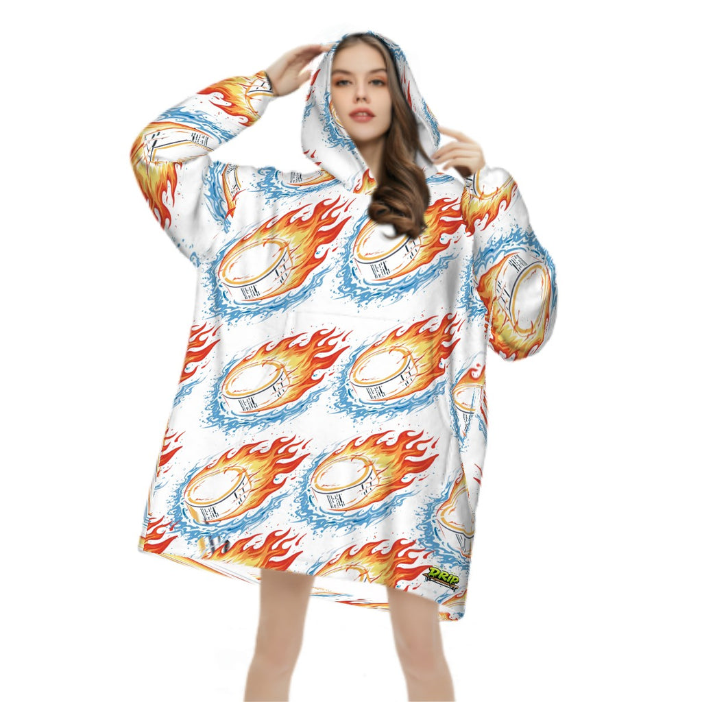 Adult Blanket Sweatshirt - Flamin Hockey Pucks White