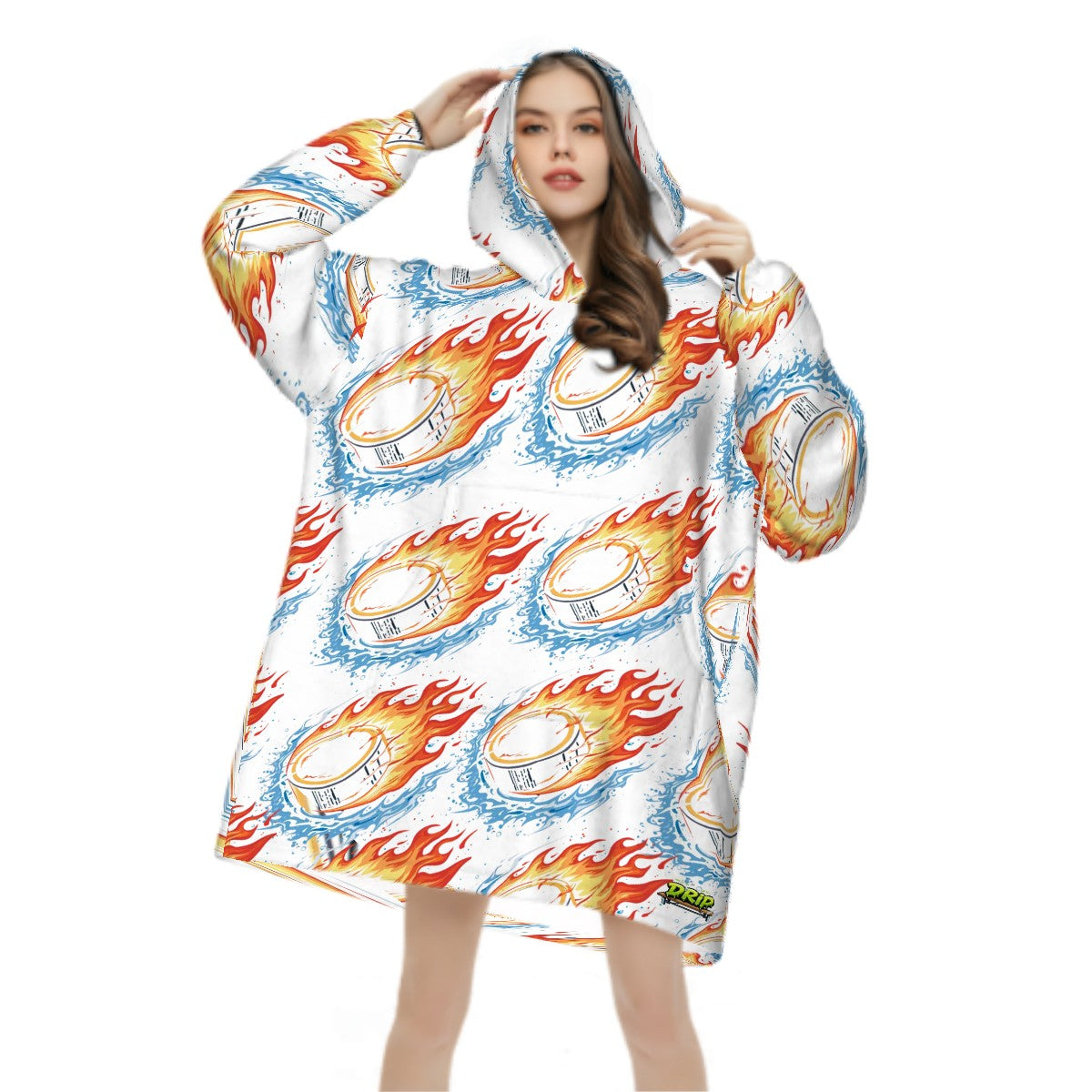 Adult Blanket Sweatshirt - Flamin Hockey Pucks White