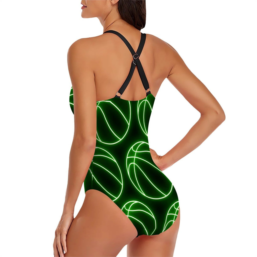 Cross-Back One Piece Swimsuit Women/Teen - Neon Green Basketballs Black
