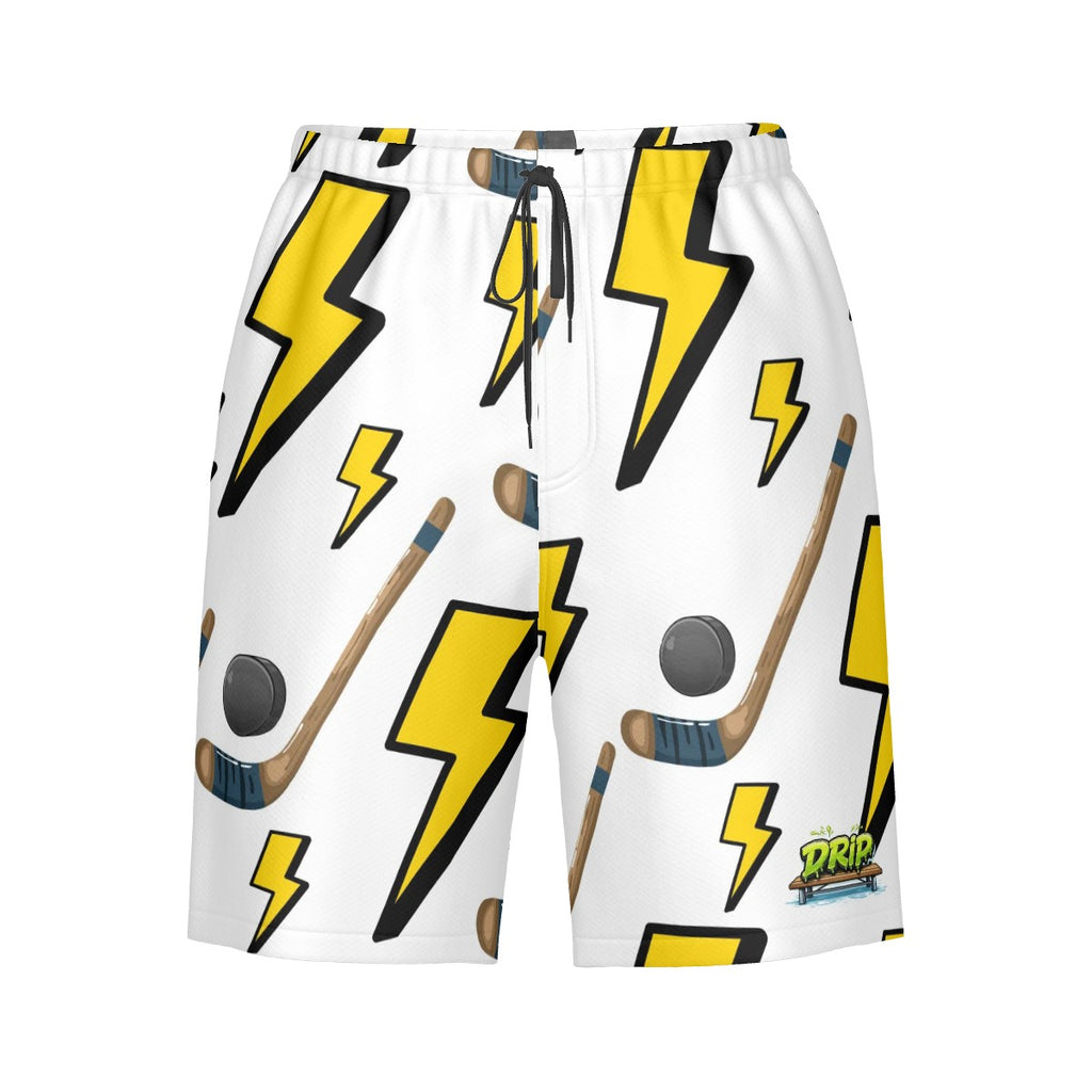 Men/Teen Swim Shorts - Lightning Bolts and Hockey Sticks White