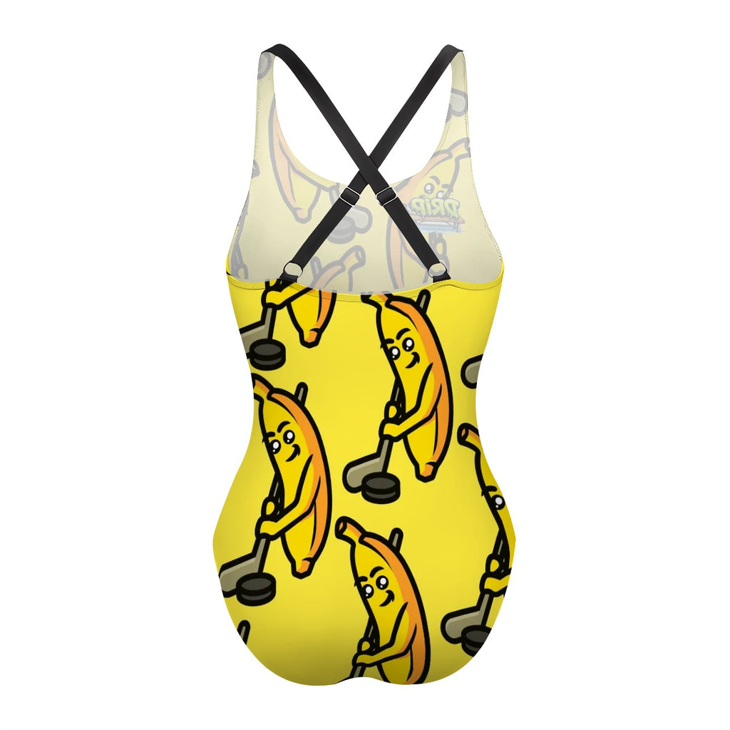 Cross-Back One Piece Swimsuit Women - Bananas about Hockey Yellow