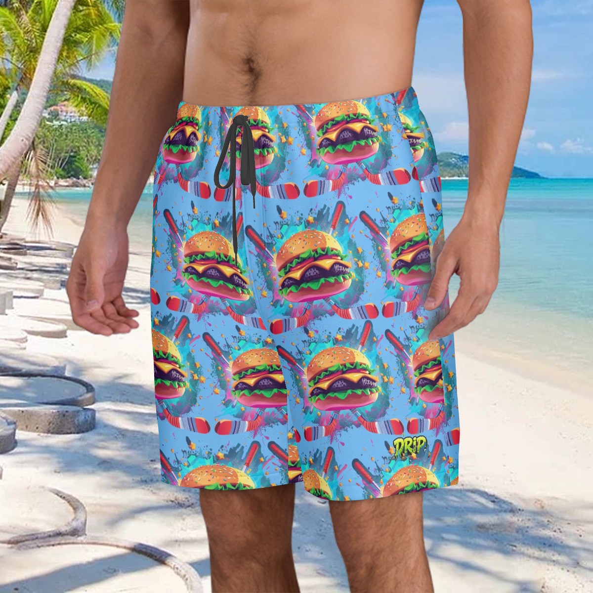 Men/Teen Swim Shorts - Cheeseburger and Hockey Sauce Blue