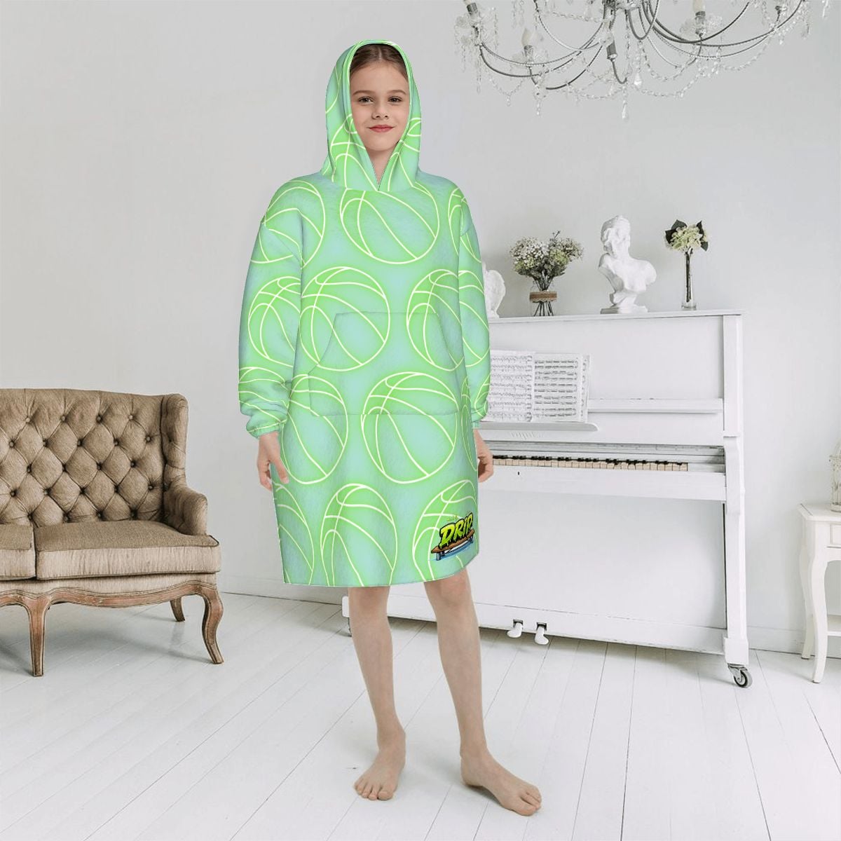 Youth Blanket Sweatshirt - Neon Green Basketballs Mint Green