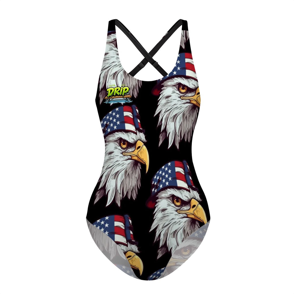Cross-Back One Piece Swimsuit Women - Eagles Fly Black