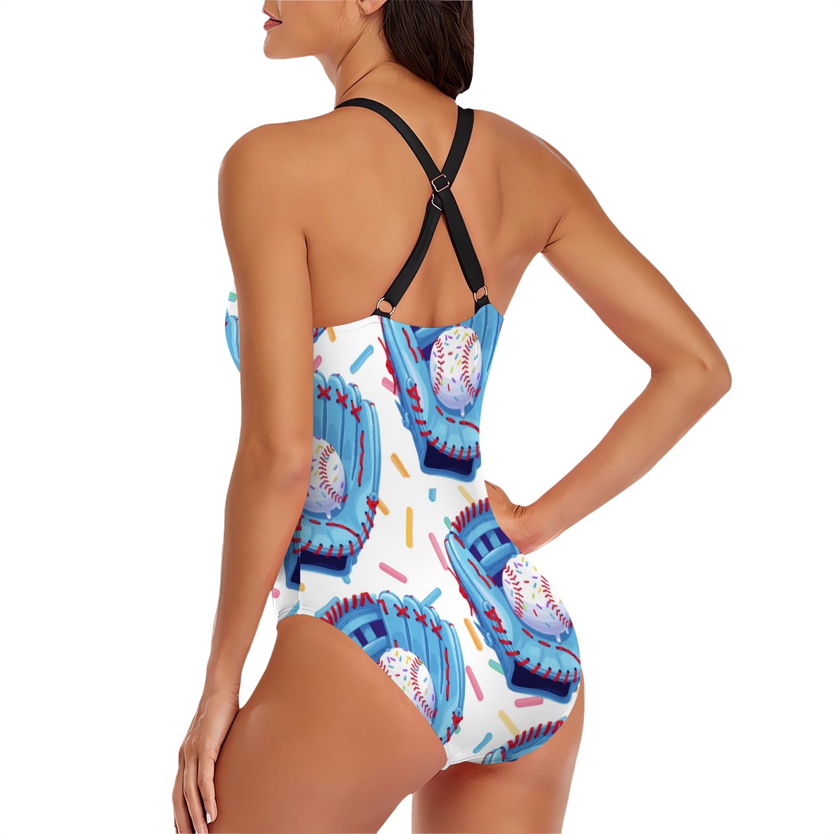 Cross-Back One Piece Swimsuit Women - Baseball Sprinkles Drip White