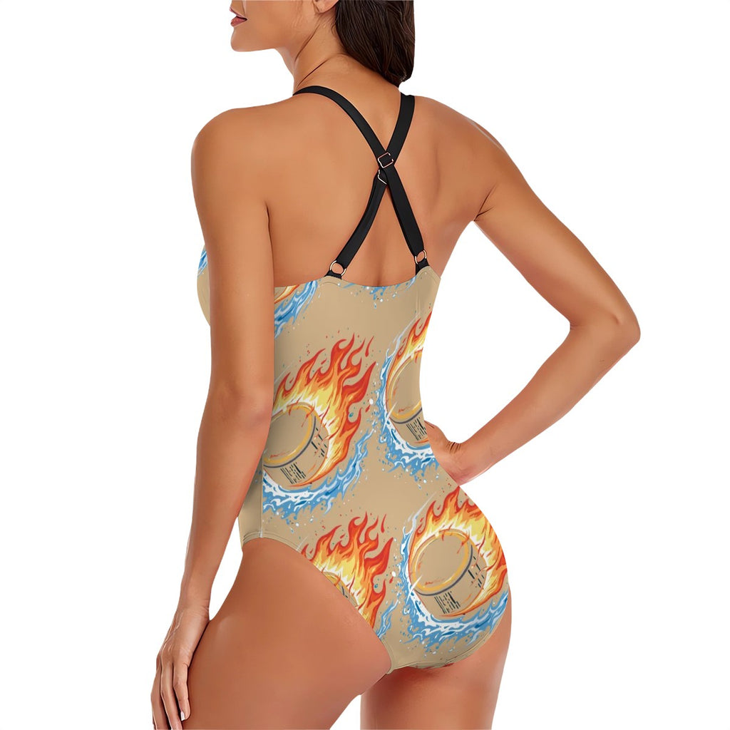 Cross-Back One Piece Swimsuit Women - Flamin Hockey Pucks Beige