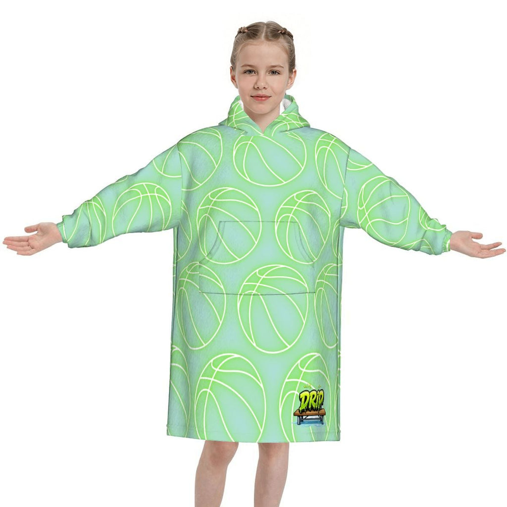 Youth Blanket Sweatshirt - Neon Green Basketballs Mint Green