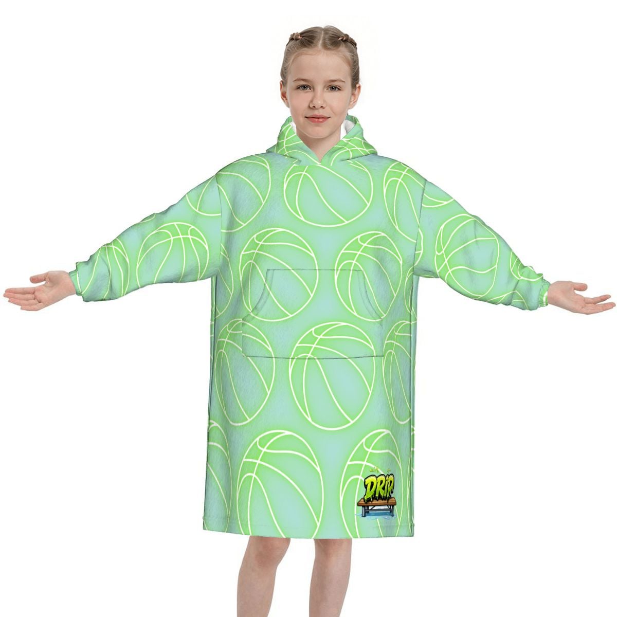 Youth Blanket Sweatshirt - Neon Green Basketballs Mint Green