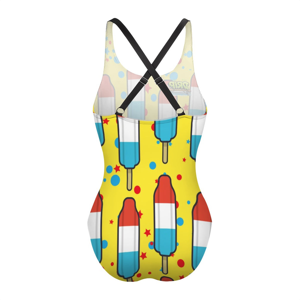 Cross-Back One Piece Swimsuit Women - Red White and Blue Pop Yellow