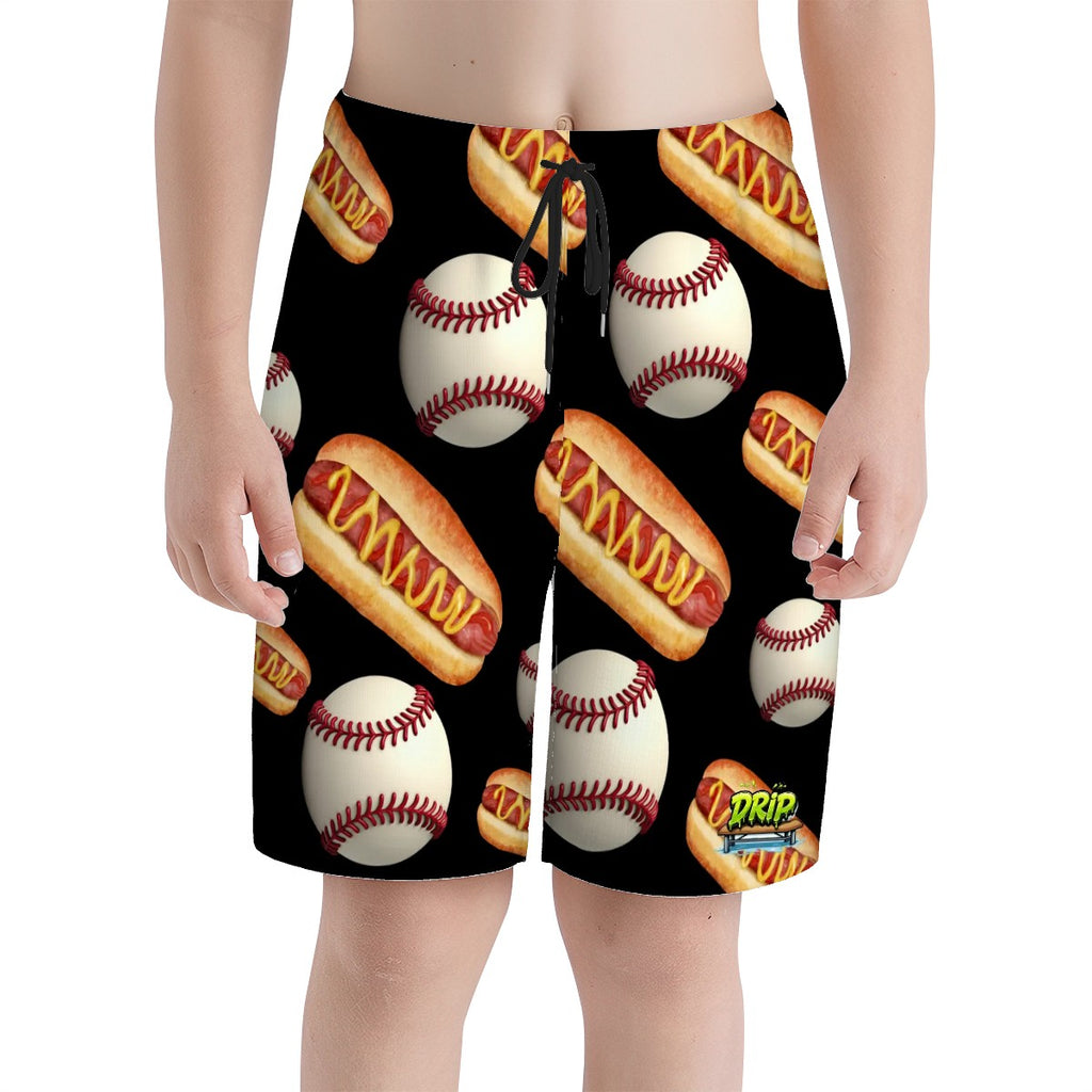 Youth Swim Shorts - Baseball and Hotdogs Black