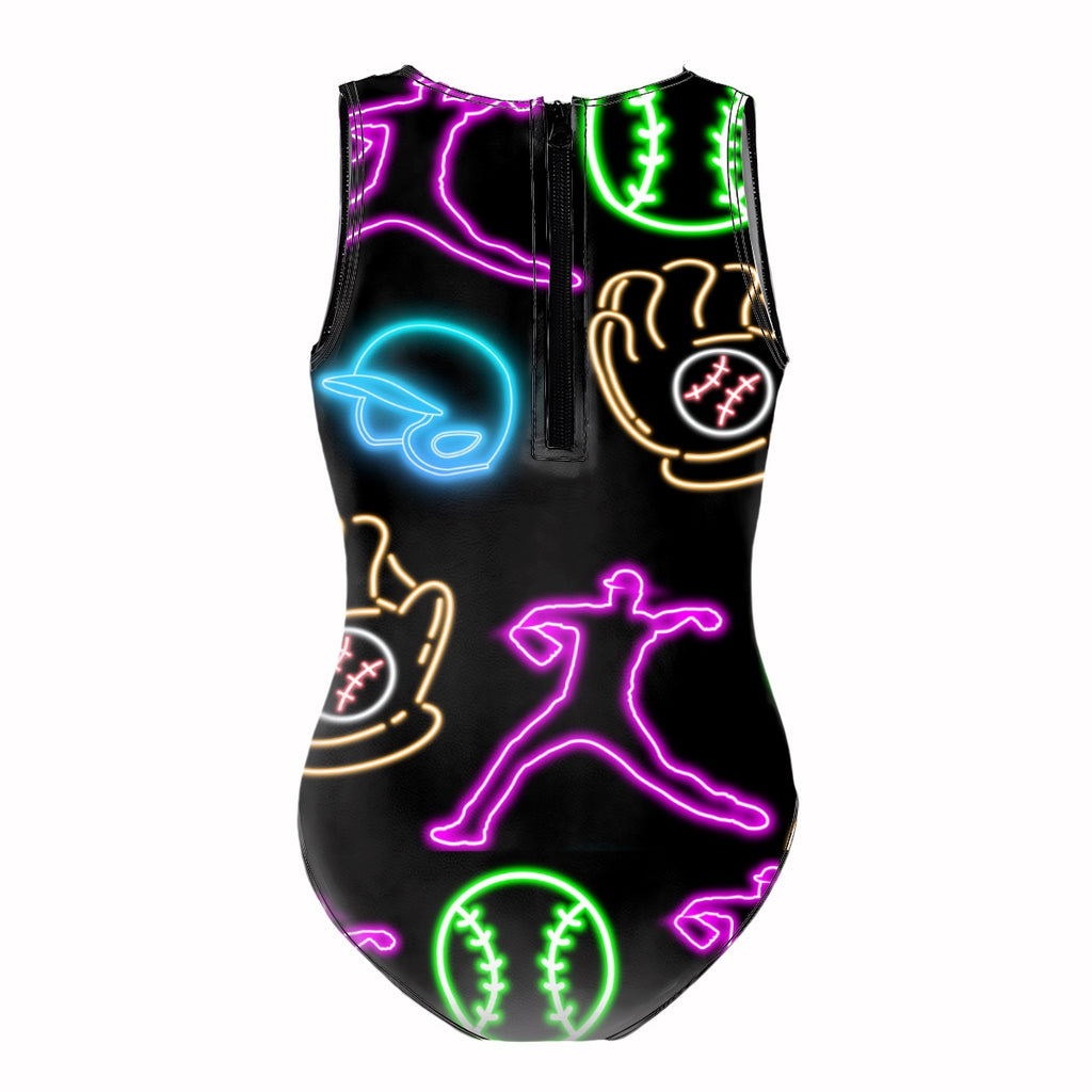 Girls One Piece Swimsuits Black Neon Lights