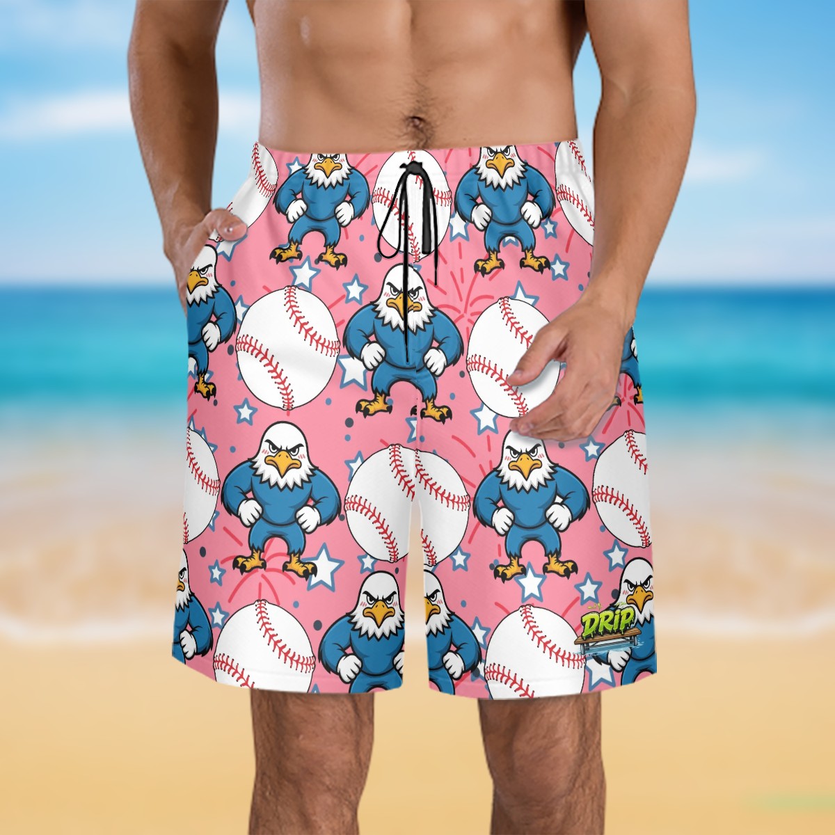 Men/Teen Swim Shorts - Stars and Strikes Pink