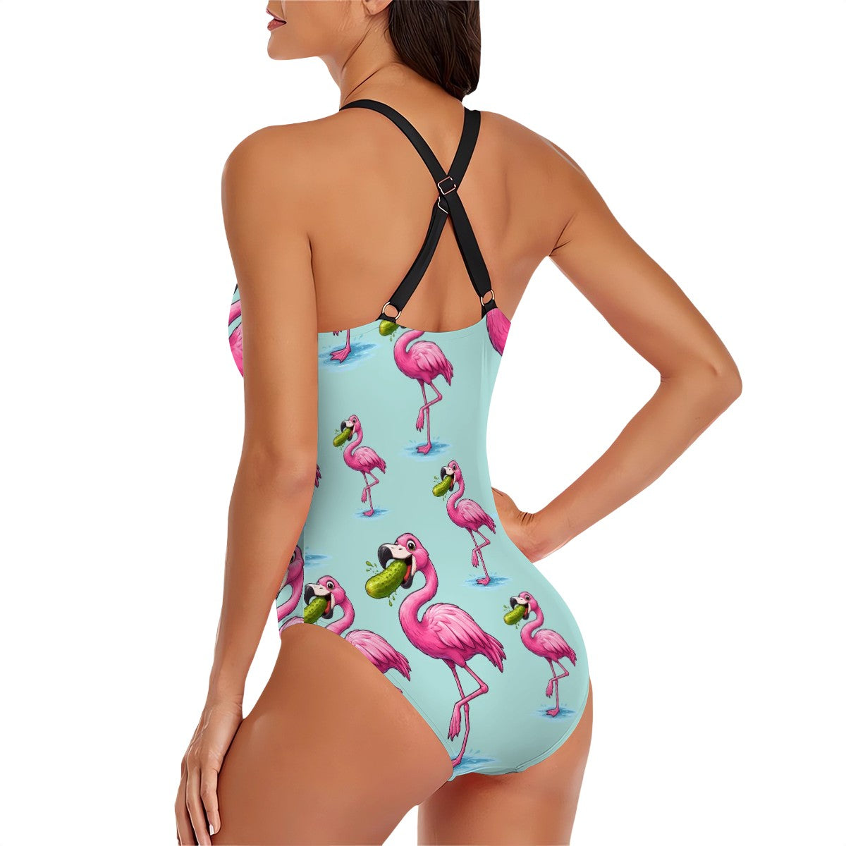 Cross-Back One Piece Swimsuit Women - Flamingo Pickle Seafoam