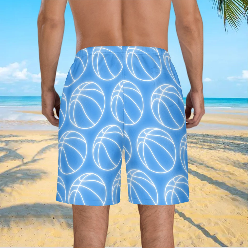 Men/Teen Swim Shorts - Neon White Basketballs Sky Blue