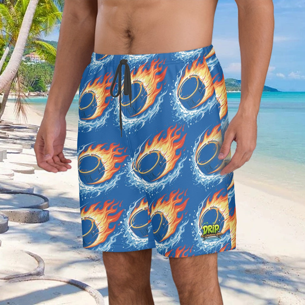 Men/Teen Swim Shorts - Flamin Hockey Pucks Dark Blue