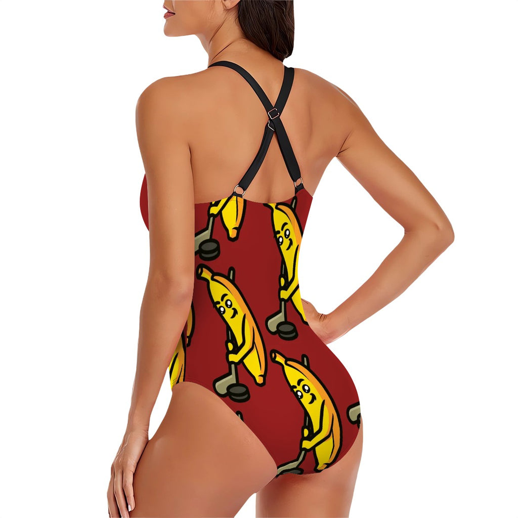 Cross-Back One Piece Swimsuit Women - Bananas about Hockey Classic Red