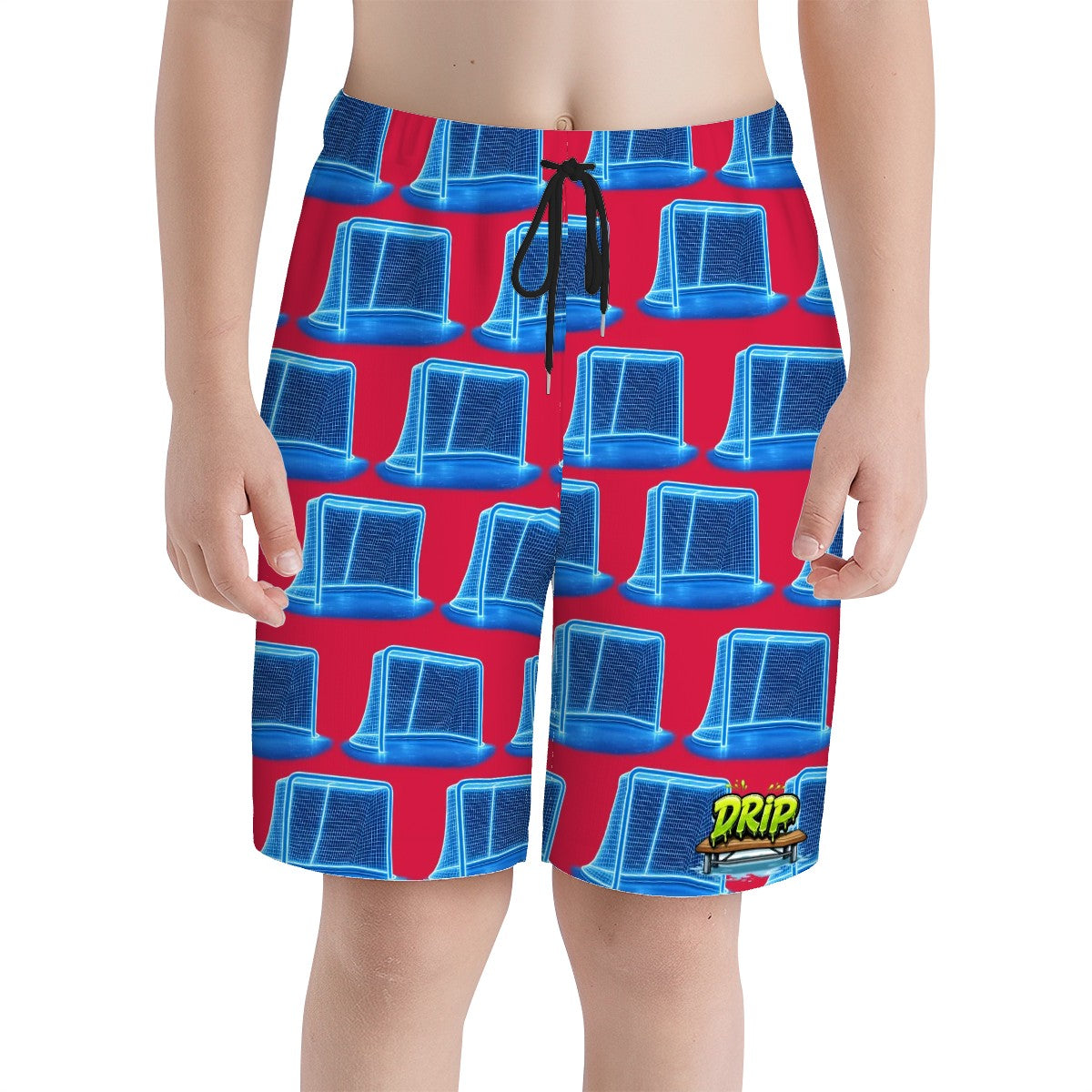 Youth Swim Shorts - Neon Blue Hockey Net Red