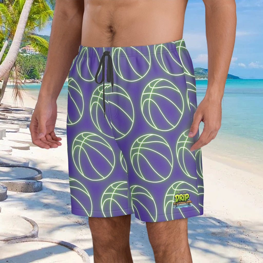 Men/Teen Swim Shorts - Neon Green Basketballs Purple