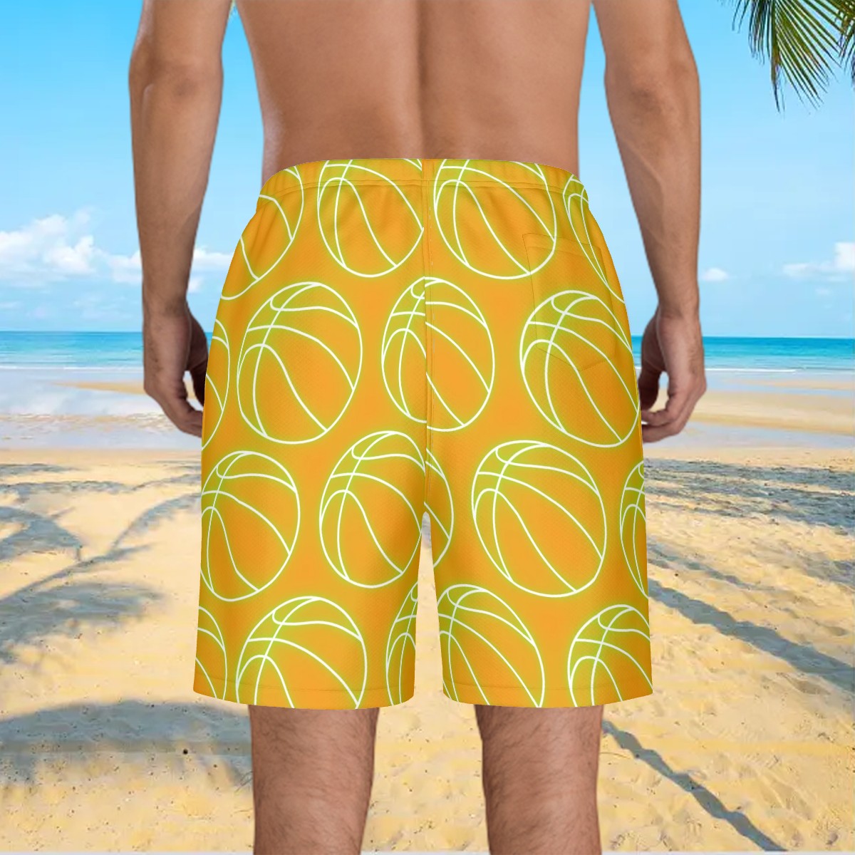 Men/Teen Swim Shorts - Neon Green Basketballs Orange