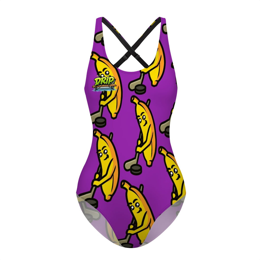 Cross-Back One Piece Swimsuit Women - Bananas about Hockey Purple