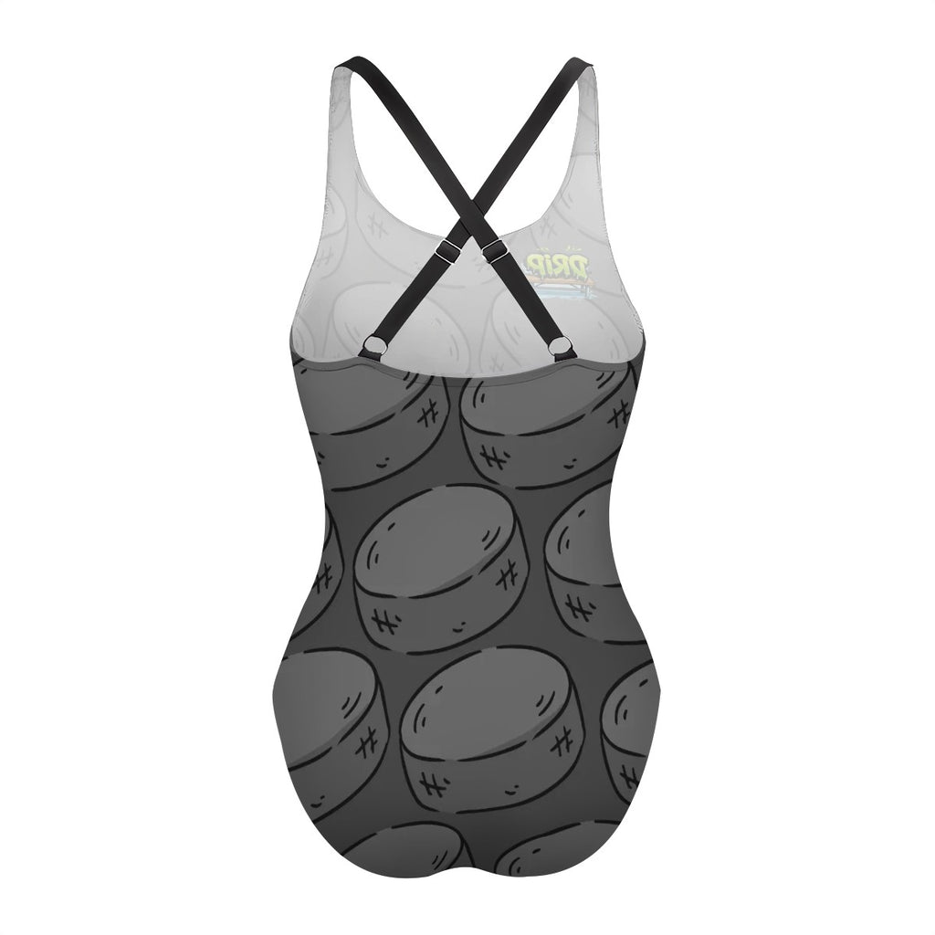 Cross-Back One Piece Swimsuit Women - Grey Hockey Pucks Grey