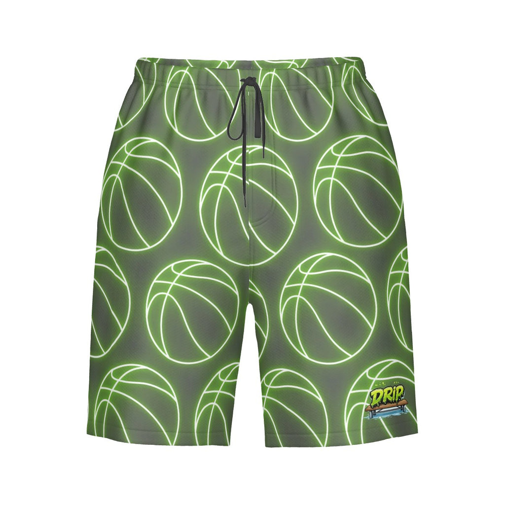 Men/Teen Swim Shorts - Neon Green Basketballs Charcoal