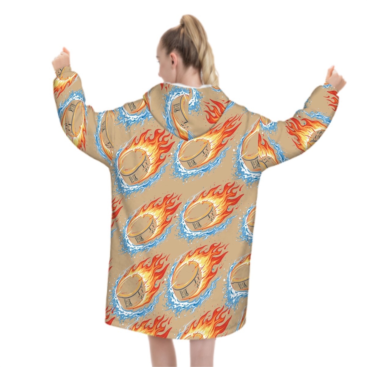 Adult Blanket Sweatshirt - Flamin Hockey Pucks Beige