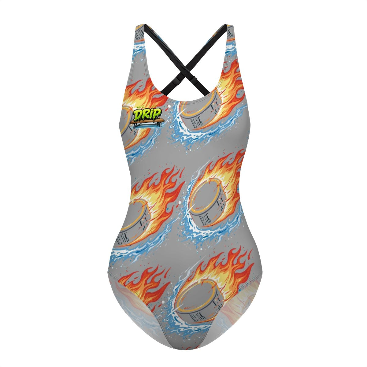 Cross-Back One Piece Swimsuit Women - Flamin Hockey Pucks Grey