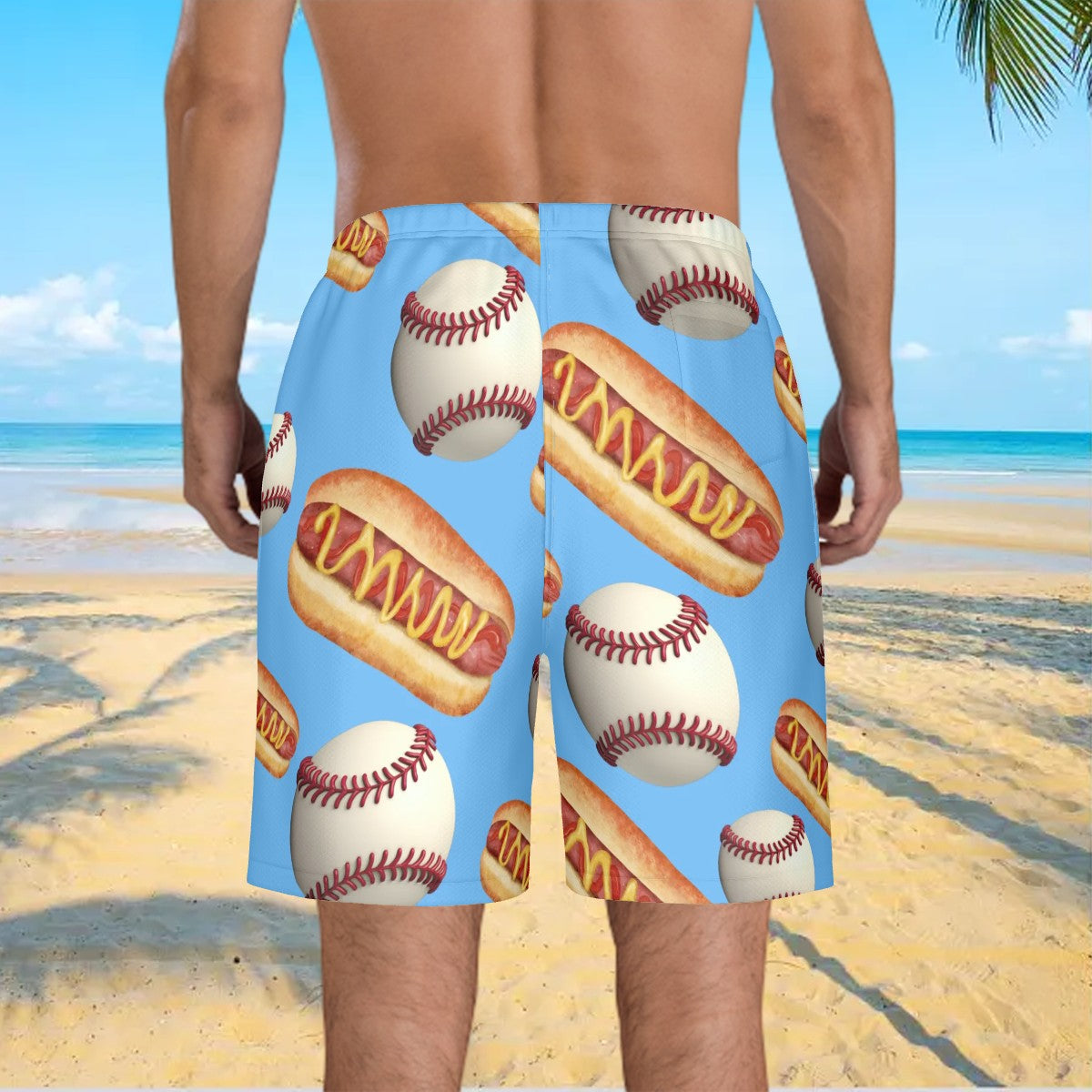 Men/Teen Swim Shorts - Baseballs and Hotdogs Blue