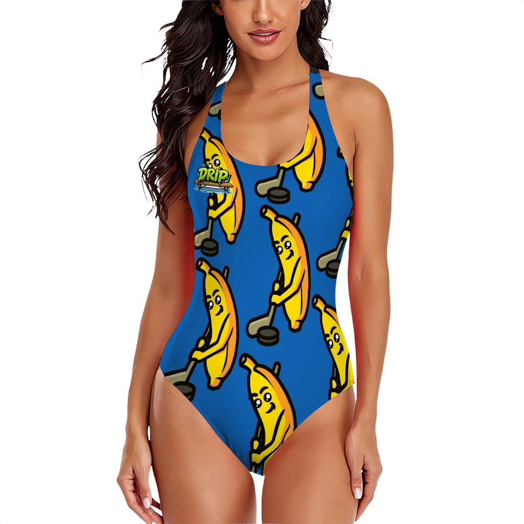 Cross-Back One Piece Swimsuit Women - Bananas about Hockey Dark Blue
