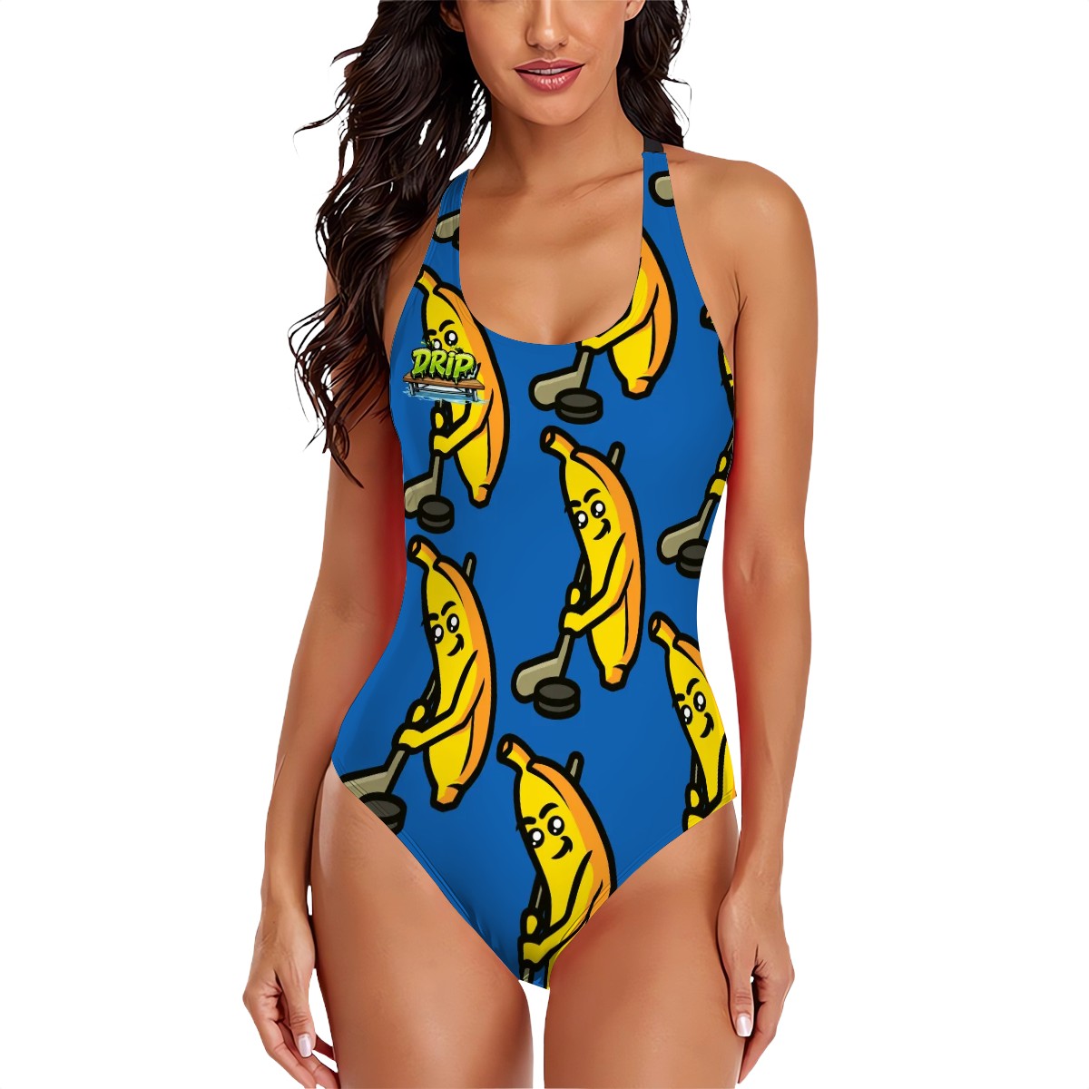 Cross-Back One Piece Swimsuit Women - Bananas about Hockey Dark Blue