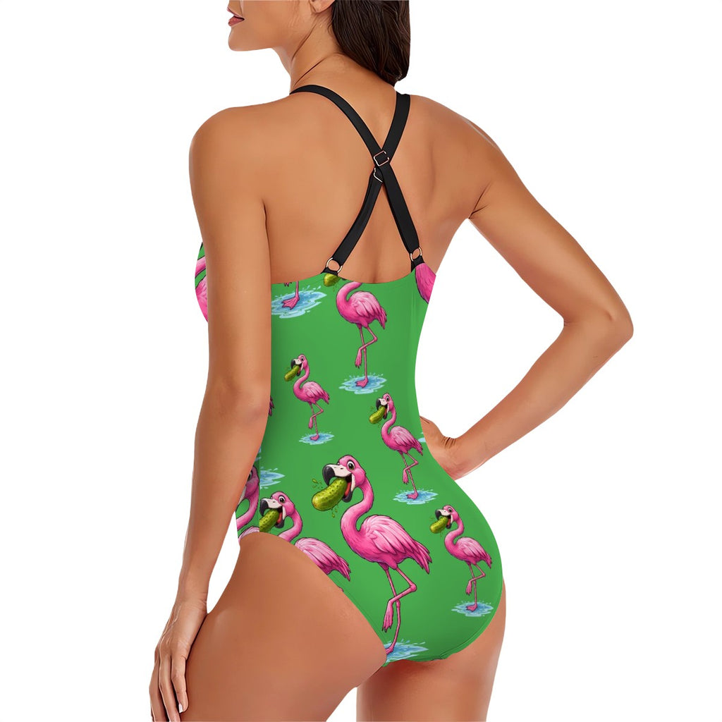 Cross-Back One Piece Swimsuit Women - Flamingo Pickle Green