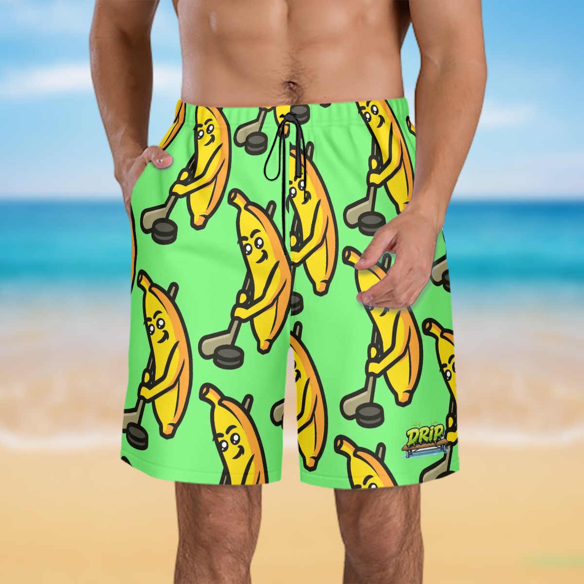 Men/Teen Swim Shorts - Bananas for Hockey Hot Green