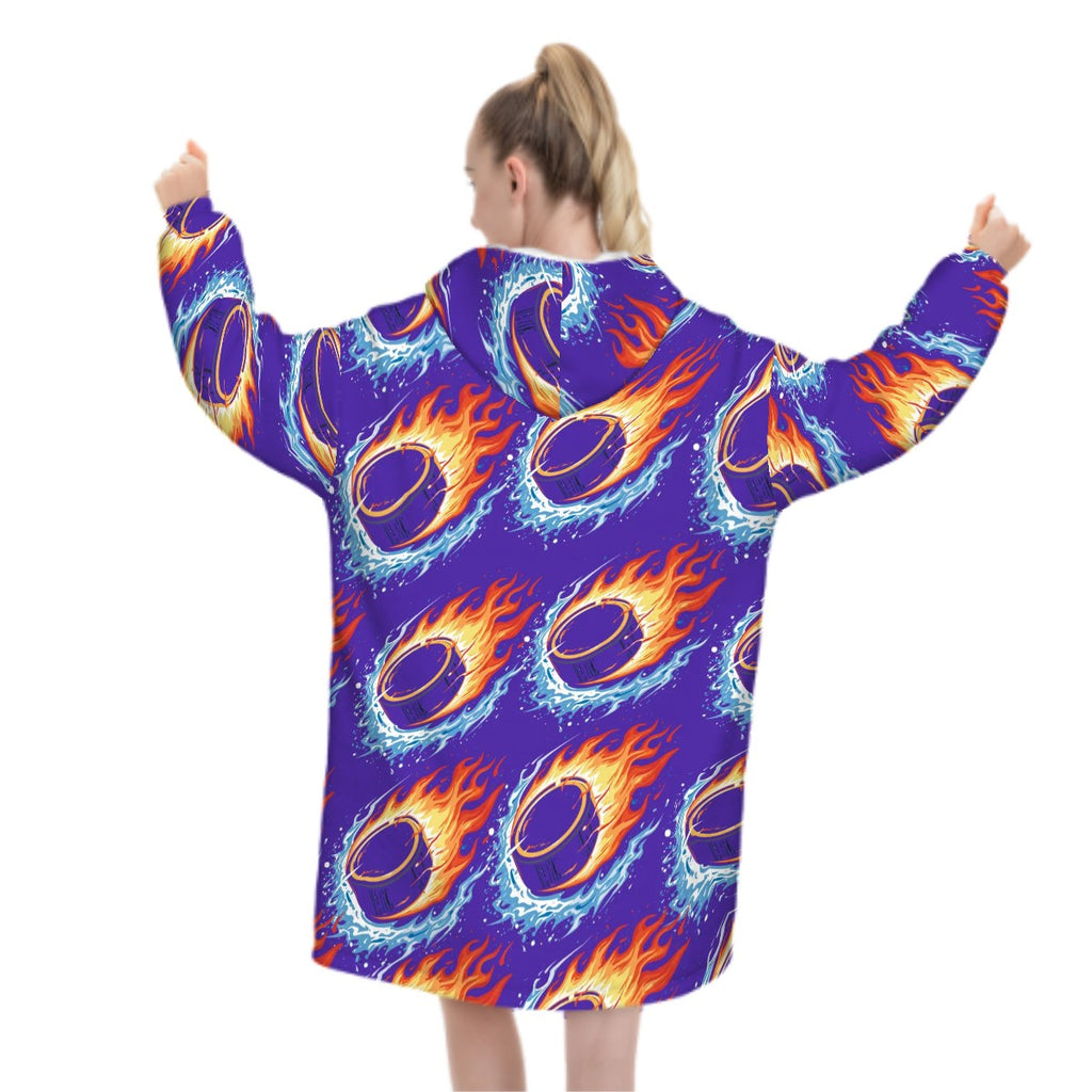 Adult Blanket Sweatshirt - Flamin Hockey Pucks Royal Purple
