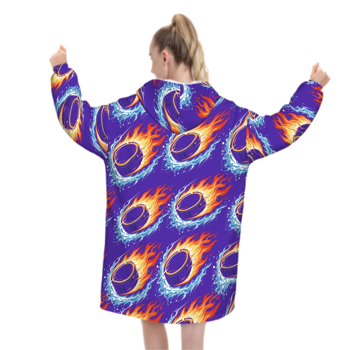Adult Blanket Sweatshirt - Flamin Hockey Pucks Royal Purple