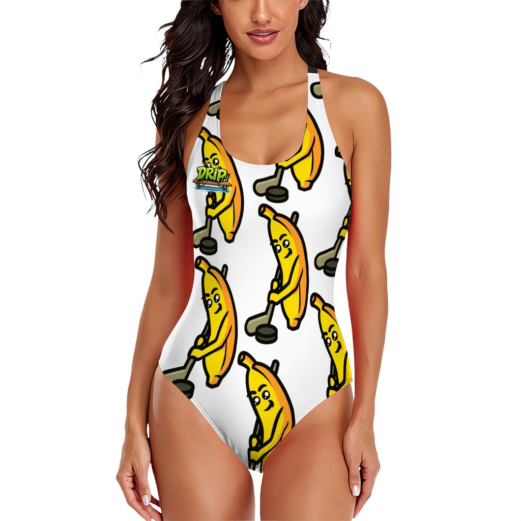 Cross-Back One Piece Swimsuit Women - Bananas about Hockey White