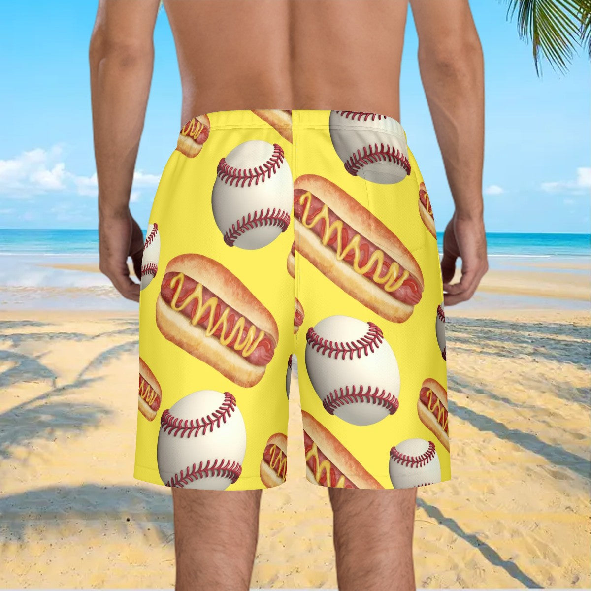 Men/Teen Swim Shorts - Baseballs and Hotdogs Yellow