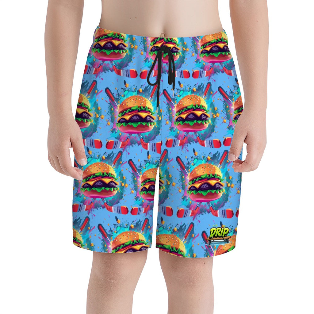 Youth Swim Shorts - Cheeseburger and Hockey Sauce Blue
