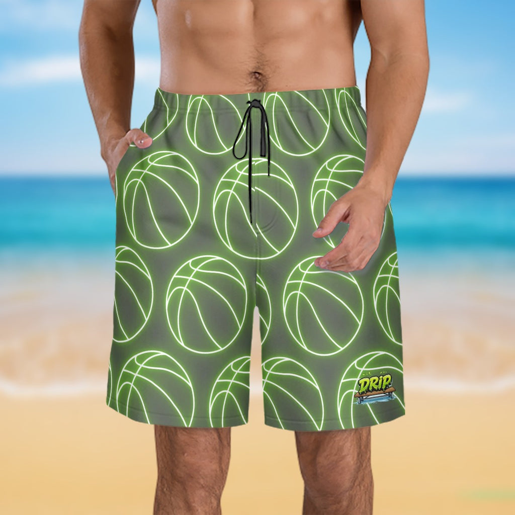 Men/Teen Swim Shorts - Neon Green Basketballs Charcoal