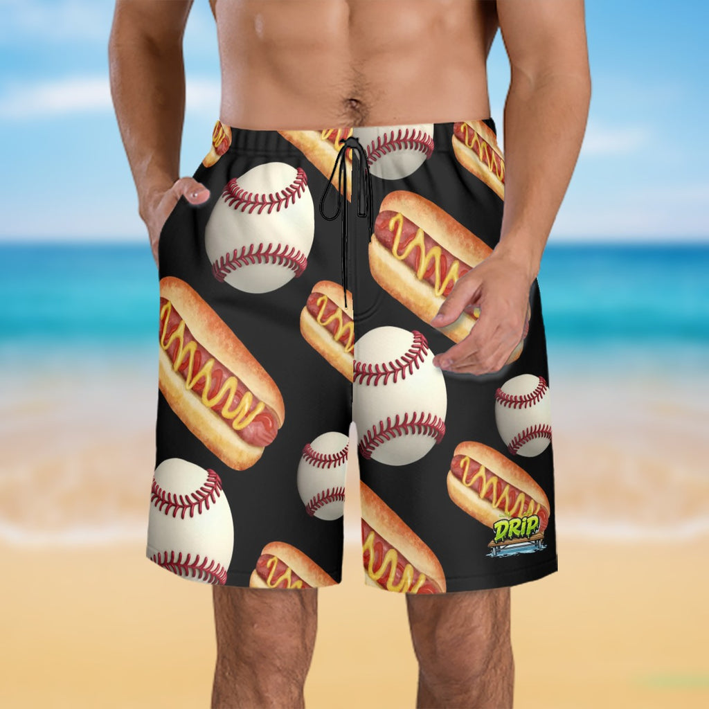 Men/Teen Swim Shorts - Baseballs and Hotdogs Black