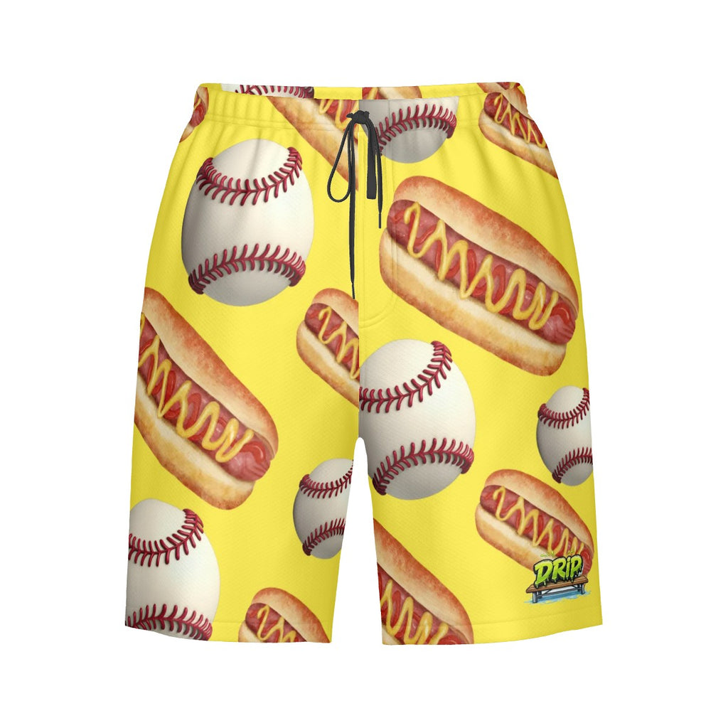 Men/Teen Swim Shorts - Baseballs and Hotdogs Yellow
