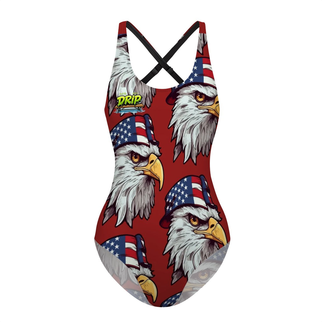 Cross-Back One Piece Swimsuit Women - Eagles Fly Classic Red