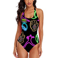 Cross-Back One Piece Swimsuit Women - Black Neon Lights